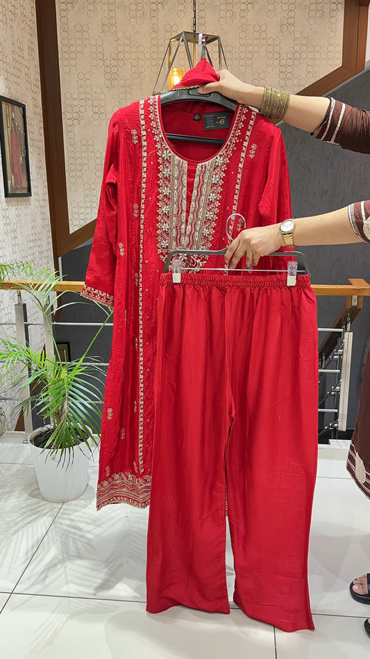 SHOWOFF WOMEN Premium Poly Crepe Party Wear Churidar Set with Organza Dupatta & Santoon Palazzo | Designer Ethnic Wear