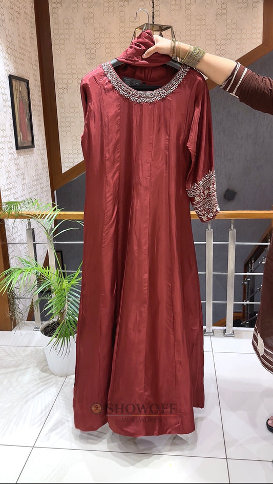 SHOWOFF Royal Russian Silk Embroidered Partywear Gown Set With Dupatta
