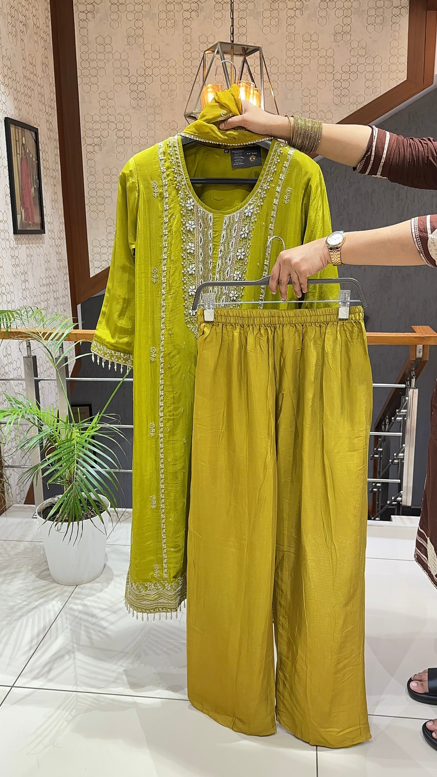SHOWOFF WOMEN Premium Poly Crepe Party Wear Churidar Set with Organza Dupatta & Santoon Palazzo | Designer Ethnic Wear