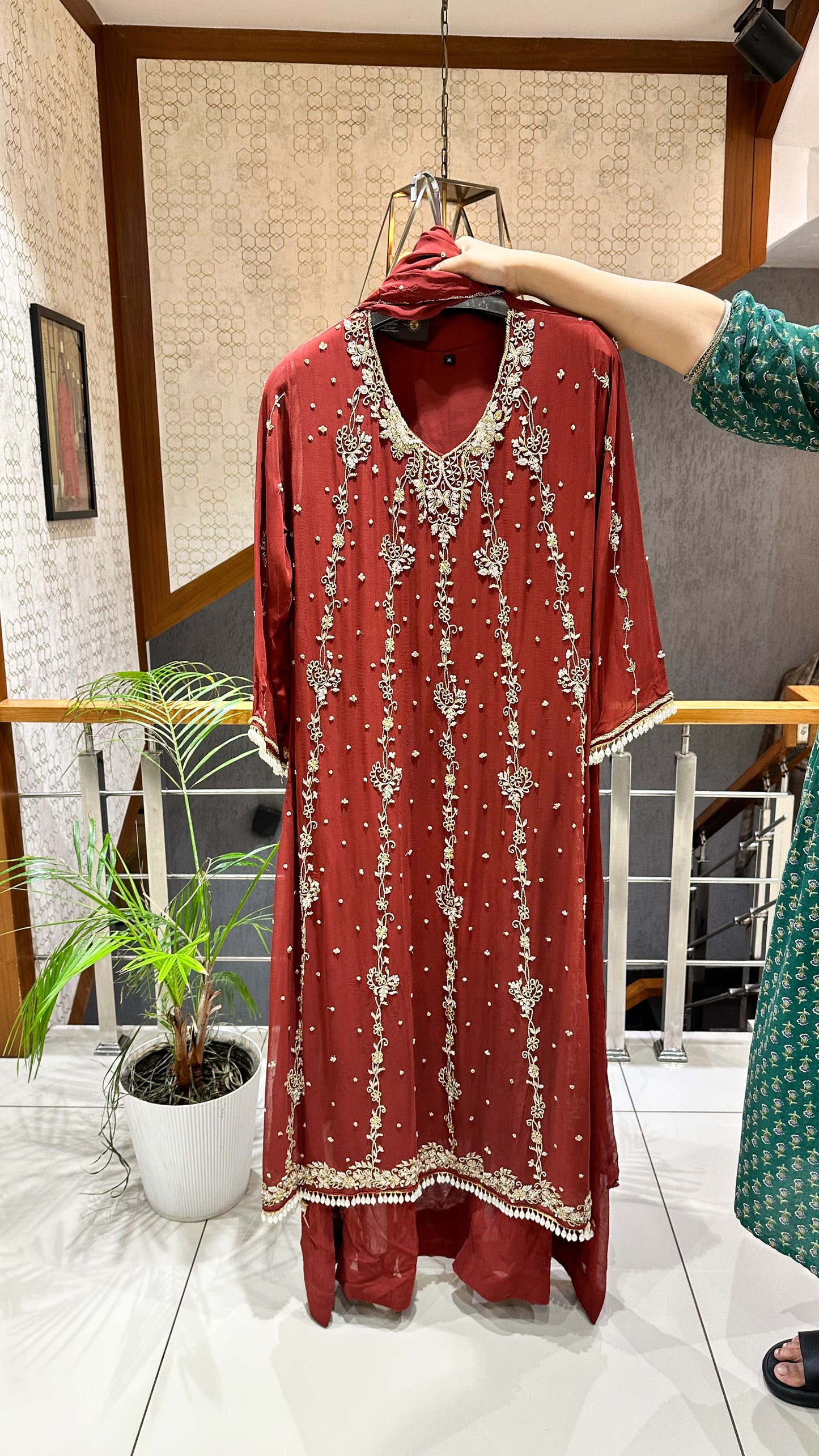 SHOWOFF Royal Chiffon Hand-Embroidered Festive Partywear Gown Set With Dupatta