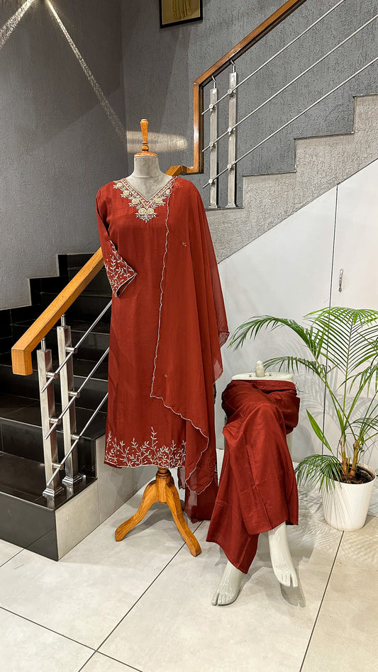 Rust Maroon Modal Silk Salwar Set with Organza Dupatta | Elegant Festive Wear