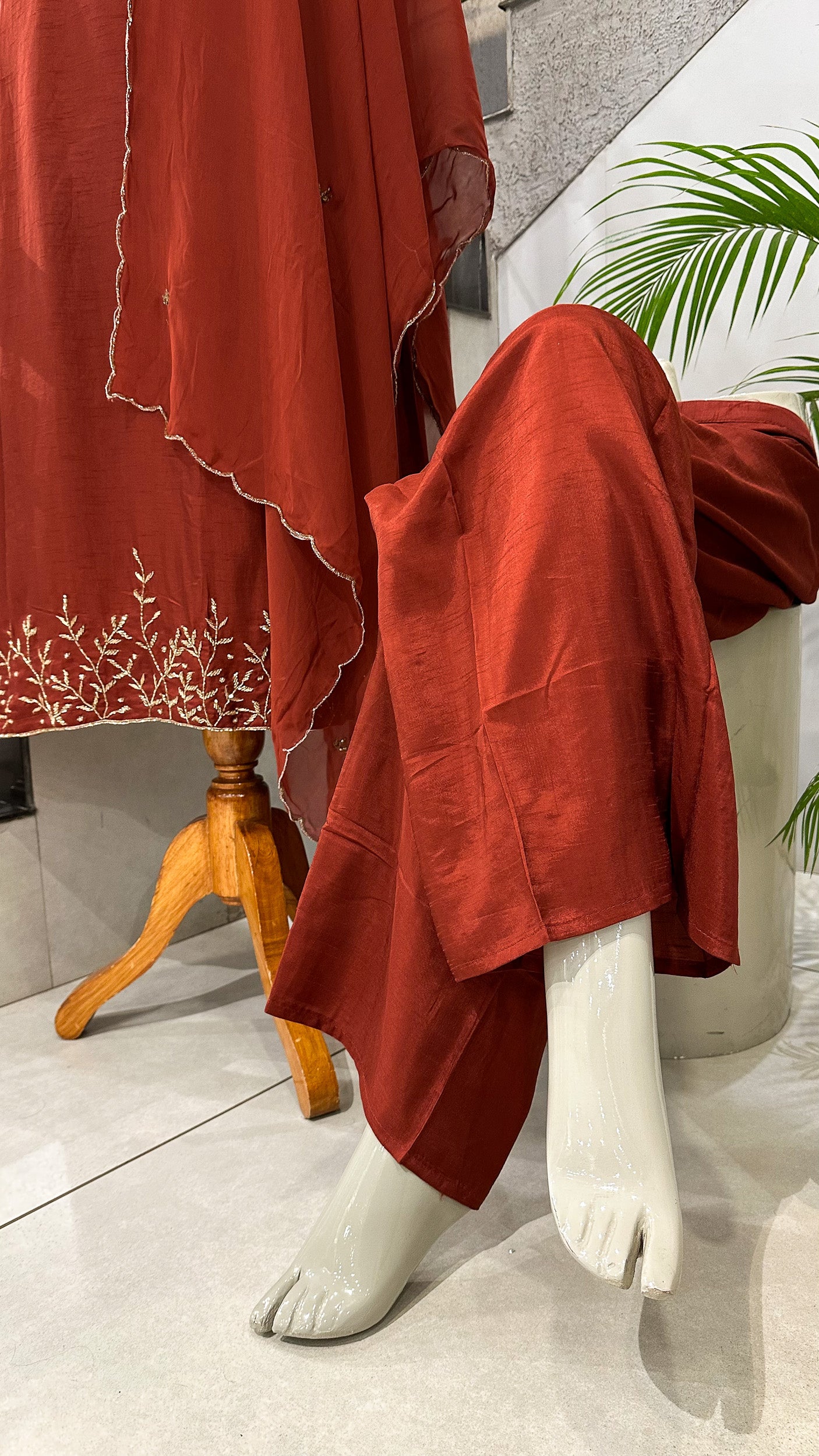 Rust Maroon Modal Silk Salwar Set with Organza Dupatta | Elegant Festive Wear