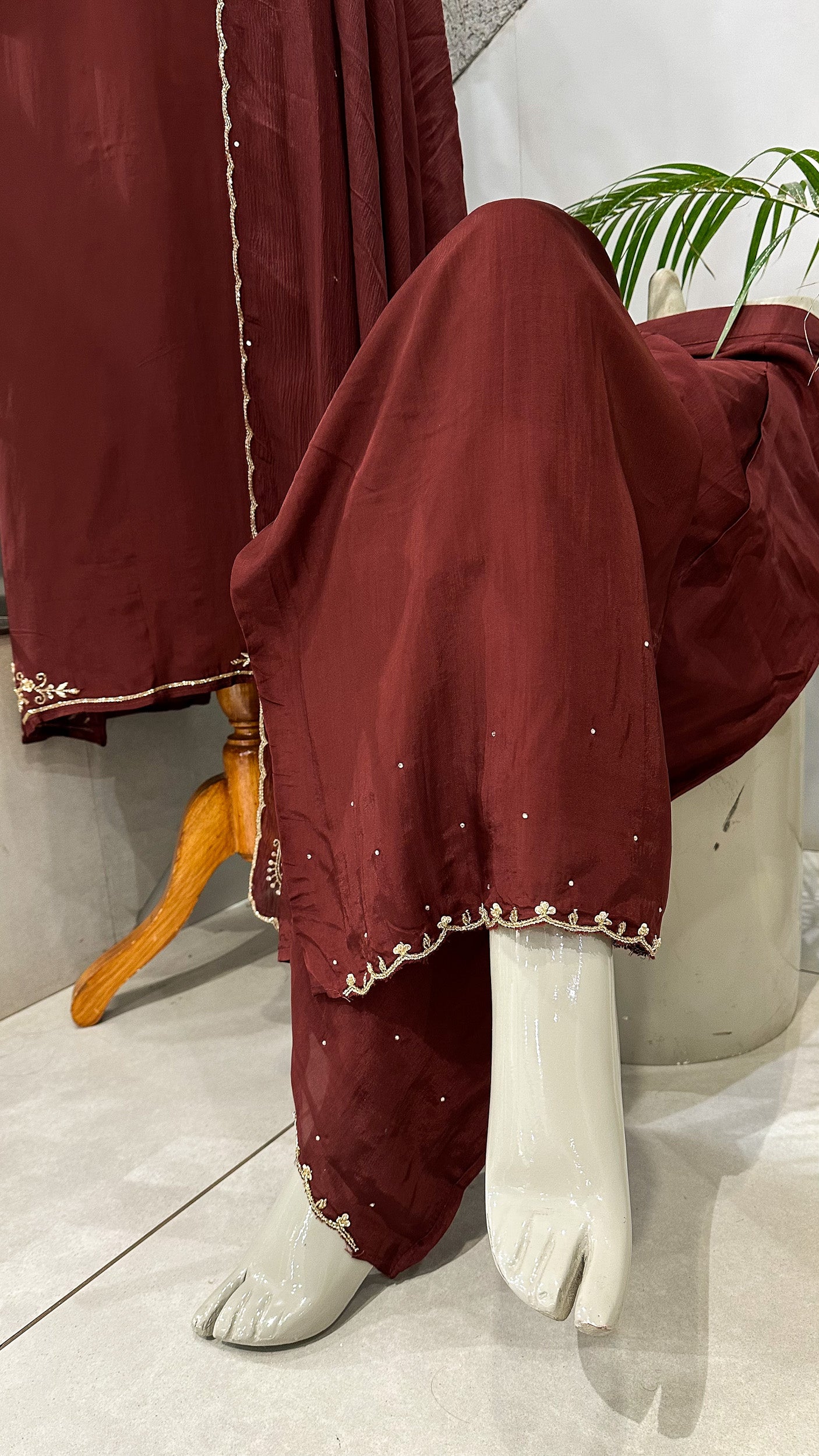 Maroon Crepe Silk Partywear Churidar Salwar Set with Chinon Dupatta