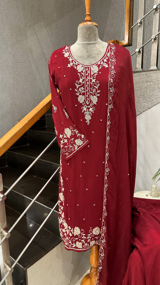 Luxury Red Handwork Churidar Set with Plazo & Chinon Dupatta | Crepe Silk Party Wear Suit