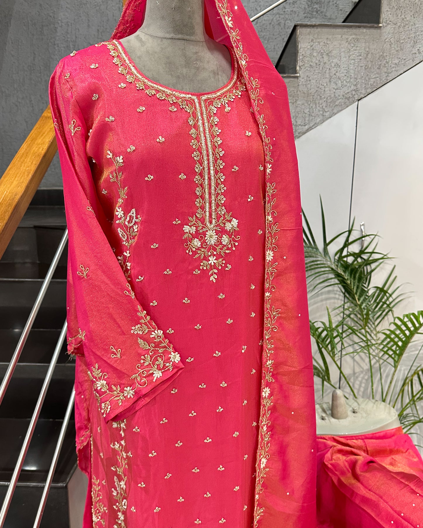 Premium Pink Shimmer Churidar Set with Dupatta & Plazo | Heavy Handwork Party Wear Suit