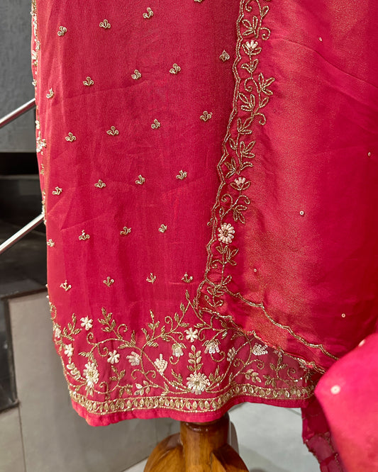 Premium Pink Shimmer Churidar Set with Dupatta & Plazo | Heavy Handwork Party Wear Suit