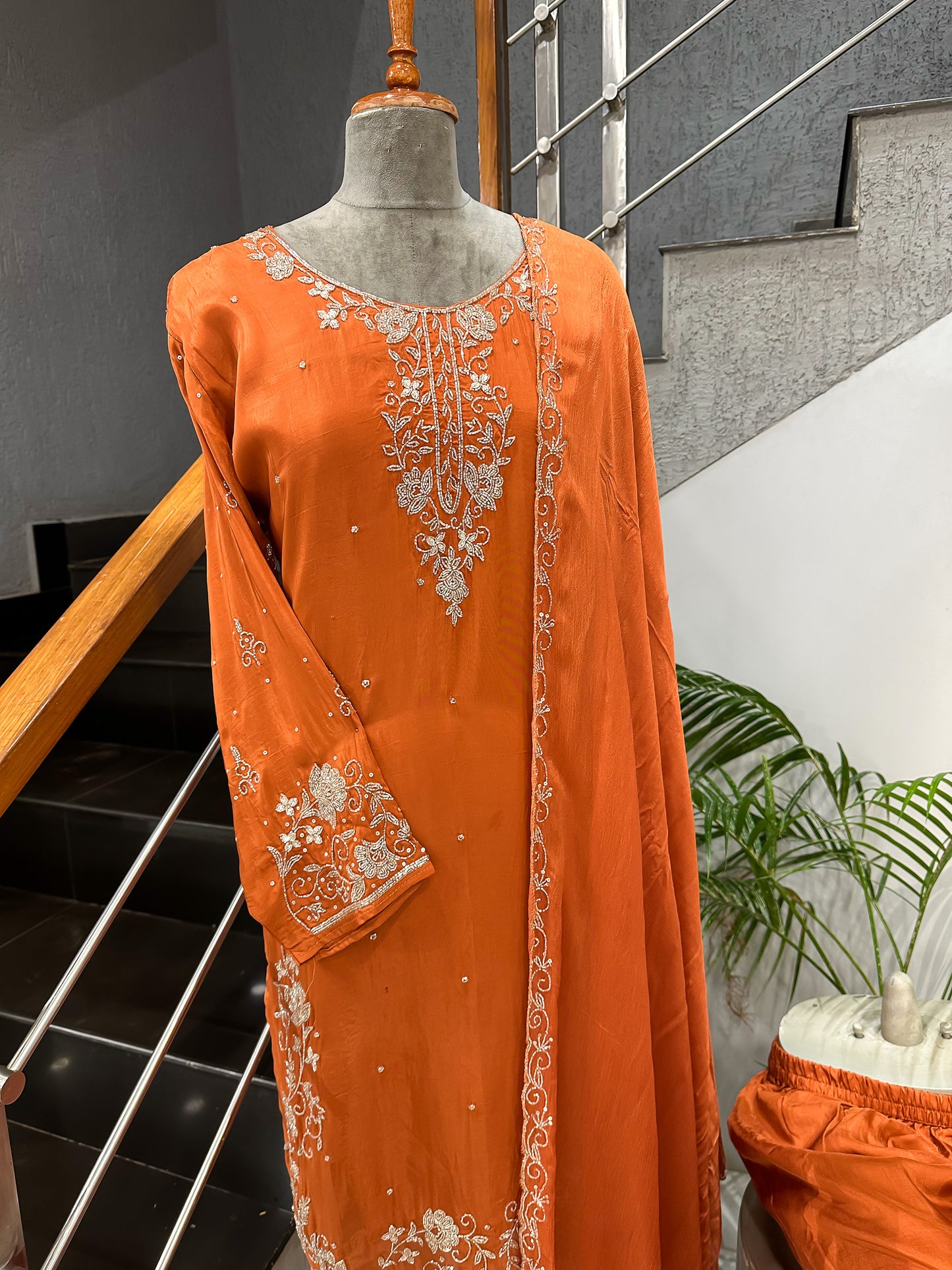 Rust Orange Handwork Churidar Set with Plazo & Chinon Dupatta | Party Wear Designer Suit