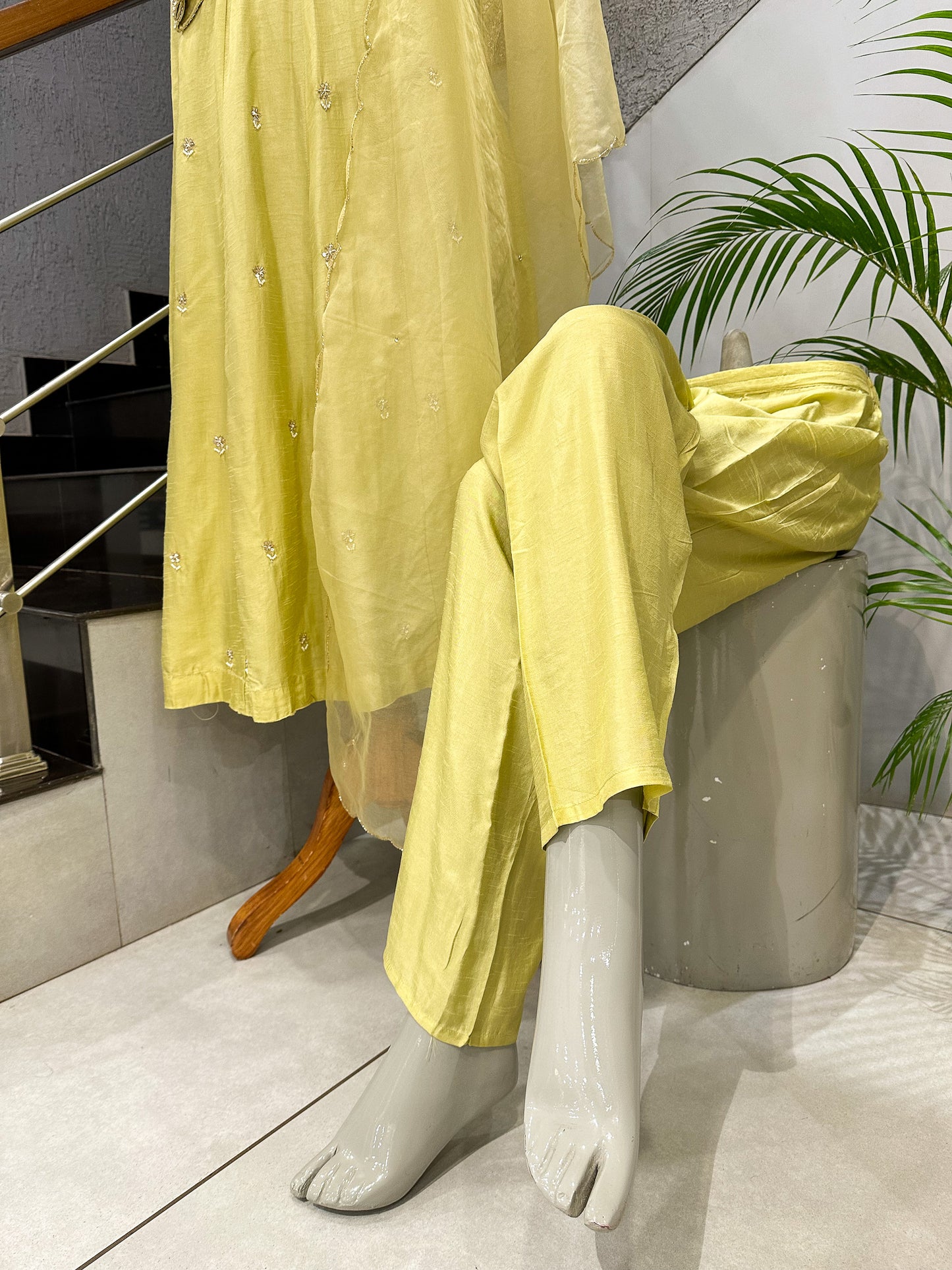 Lemon Yellow Dola Silk Anarkali Set with Organza Dupatta | Elegant Festive Wear