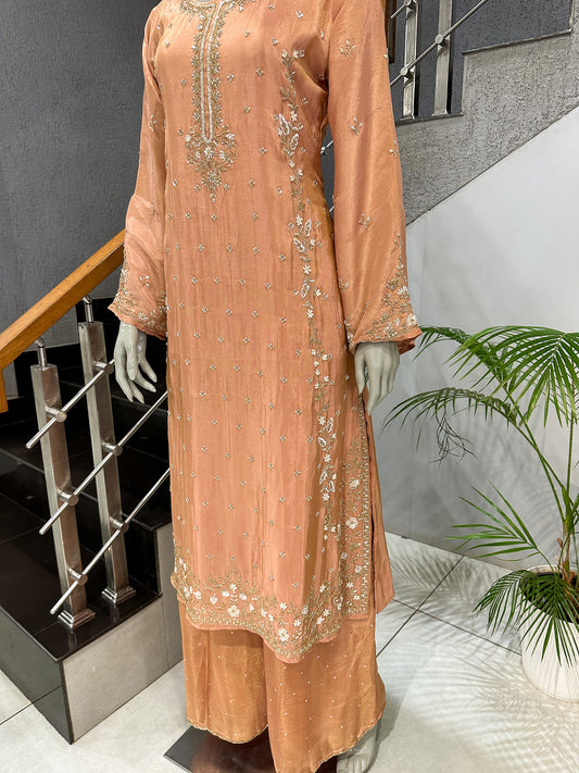 Peach Shimmer Embroidered Salwar Set with Dupatta | Elegant Festive Wear