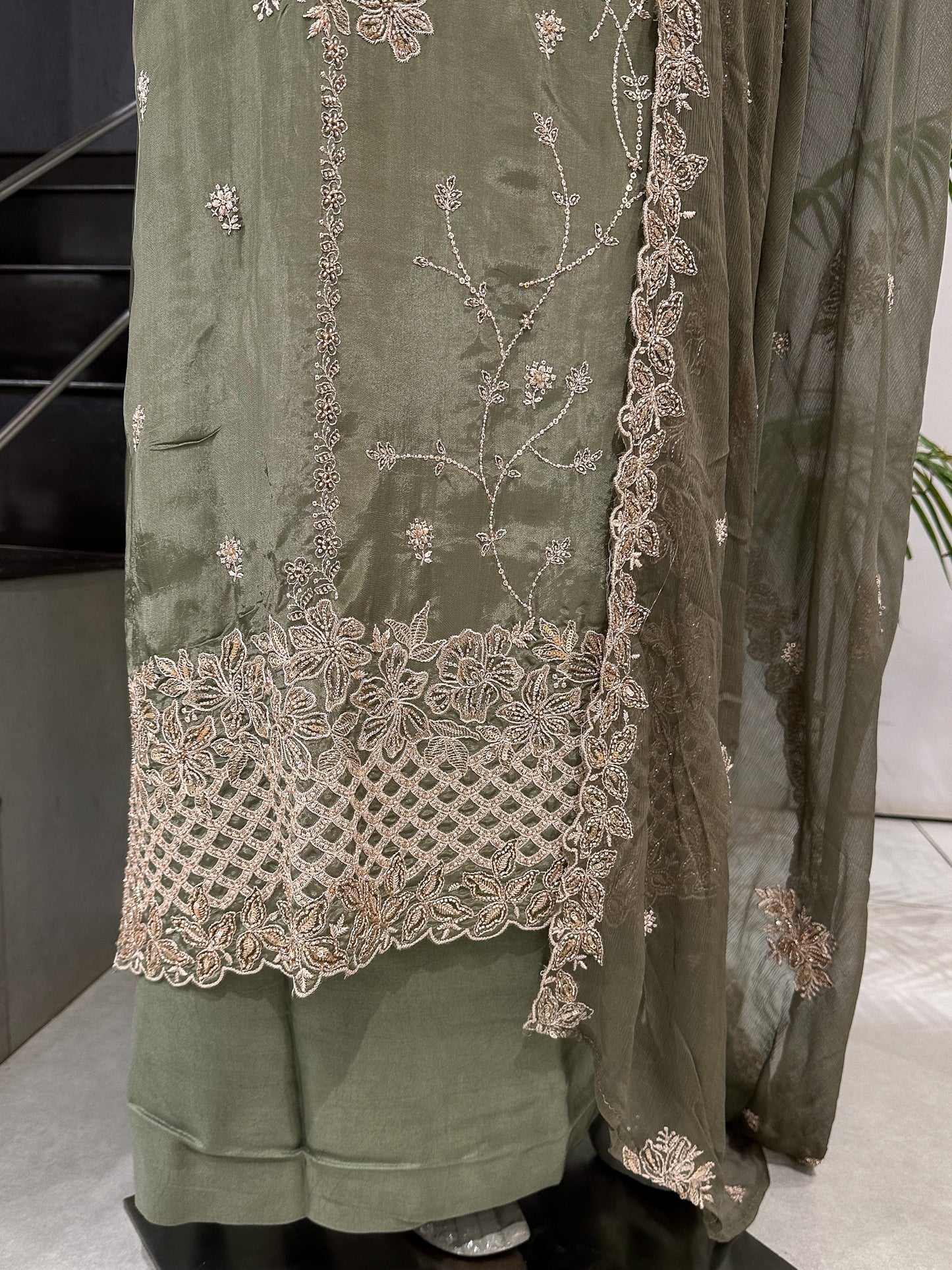 Olive Green Shimmer Unstitched Churidar Set with Embroidered Chinon Dupatta | Premium Festive Fabric