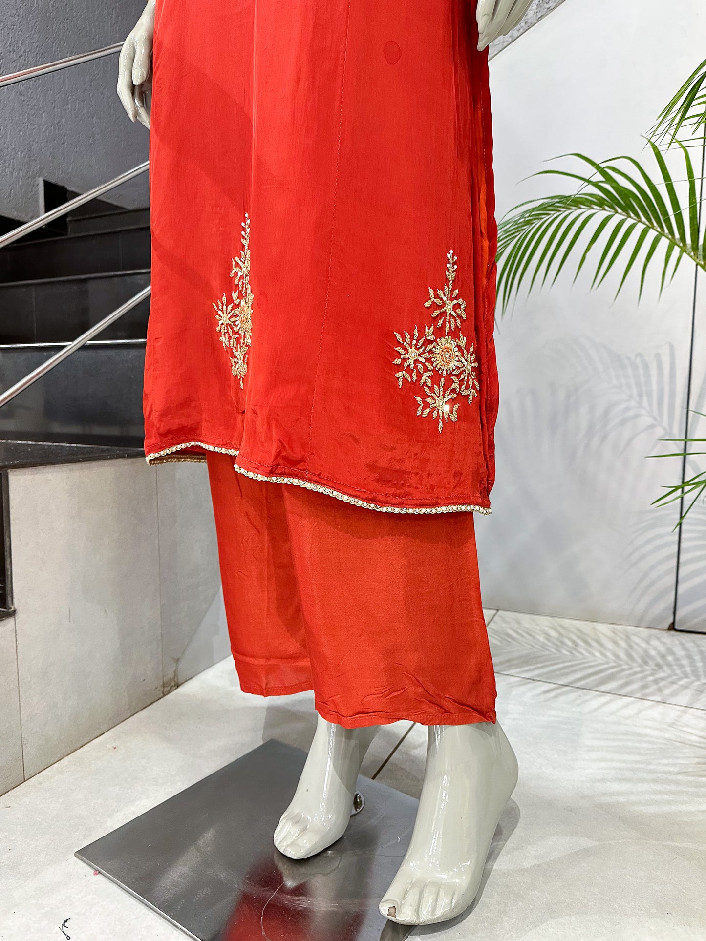 Burnt Orange Premium Crepe Party Wear Churidar Set with Embroidered Sleeves & Elegant Dupatta for Women