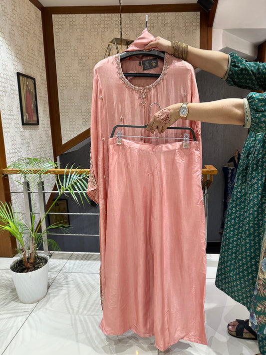 SHOWOFF WOMEN Premium Russian Silk Designer Churidar Set with Handwork, Russian Silk Dupatta & Santoon Palazzo | Party Wear Ethnic Collection