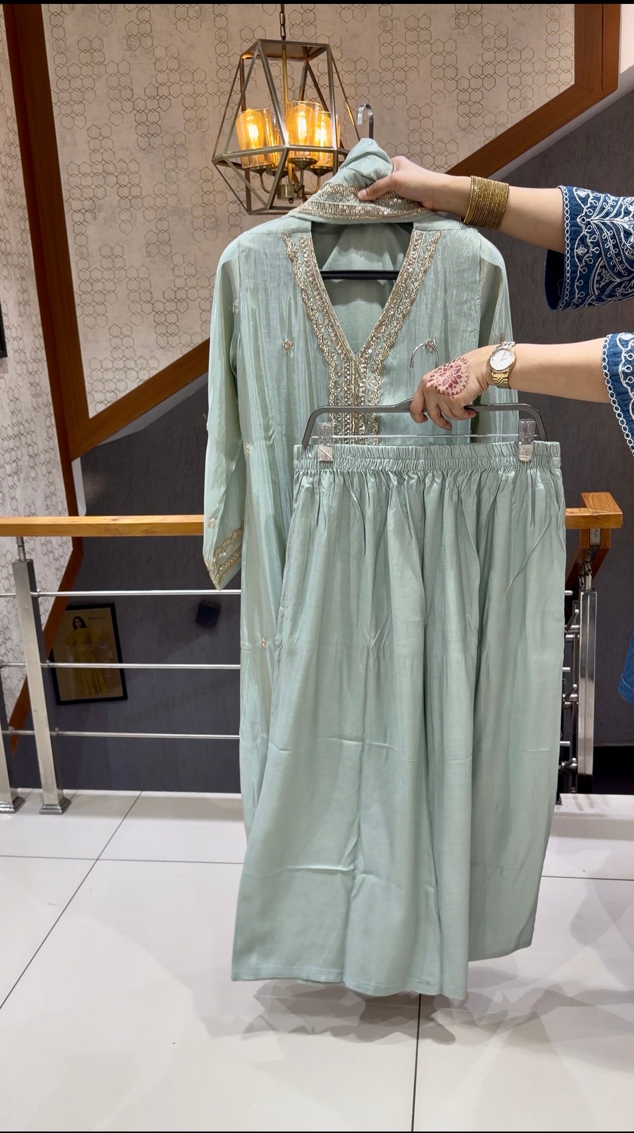 SHOWOFF WOMEN Premium Shimmer Fabric Handworked CHURIDAR Palazzo Set with Dupatta – Ivory, Blush Pink & Mint Green