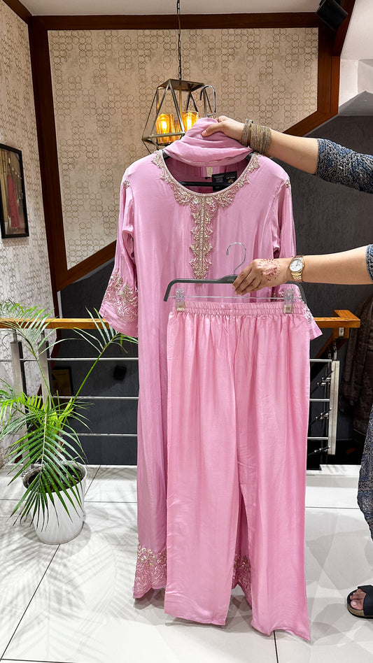 SHOWOFF WOMEN Premium Crepe Silk Designer Churidar Set with Handwork & Embroidered Chiffon Dupatta | Party Wear Palazzo Suit