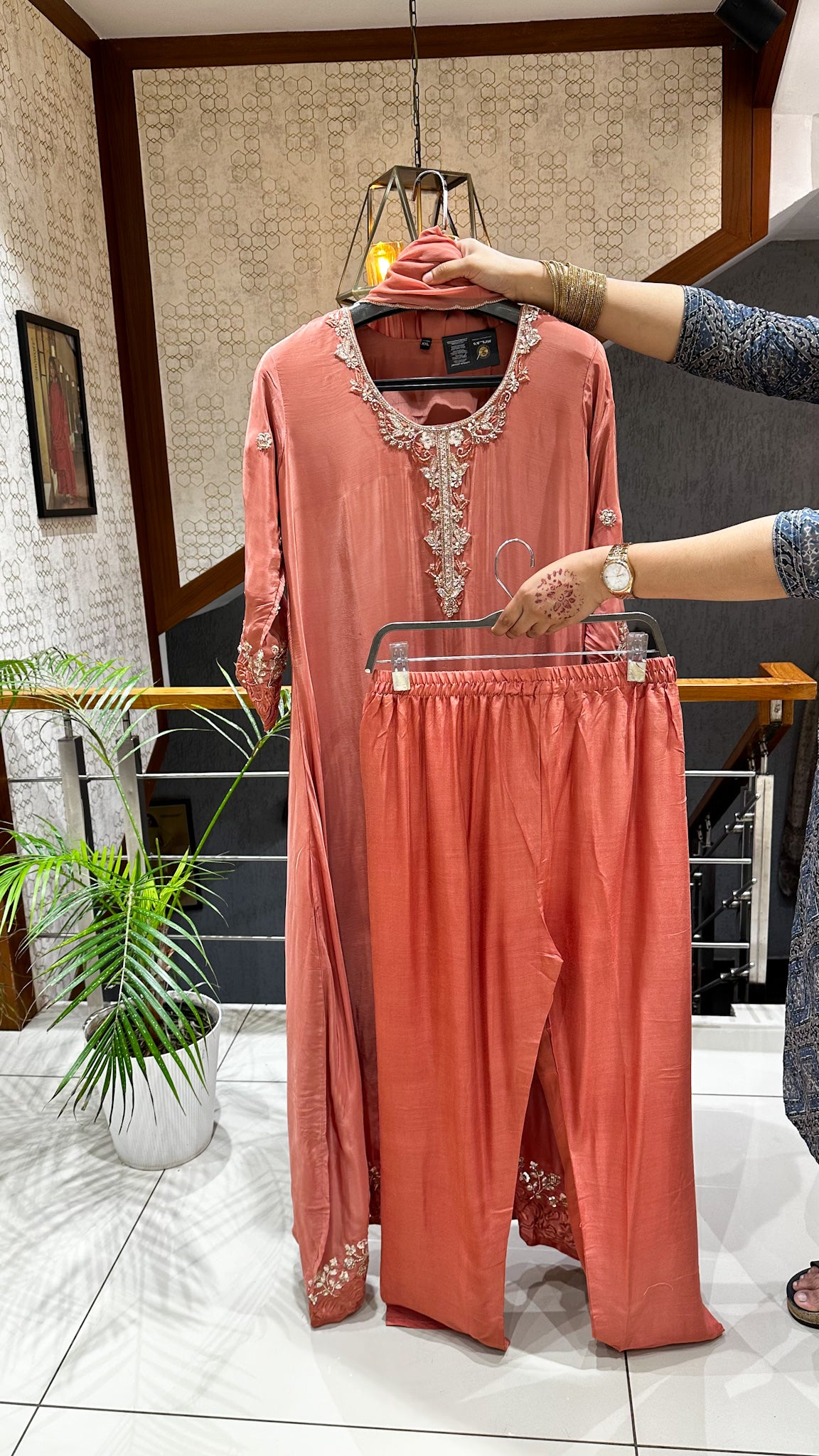 SHOWOFF WOMEN Premium Crepe Silk Designer Churidar Set with Handwork & Embroidered Chiffon Dupatta | Party Wear Palazzo Suit
