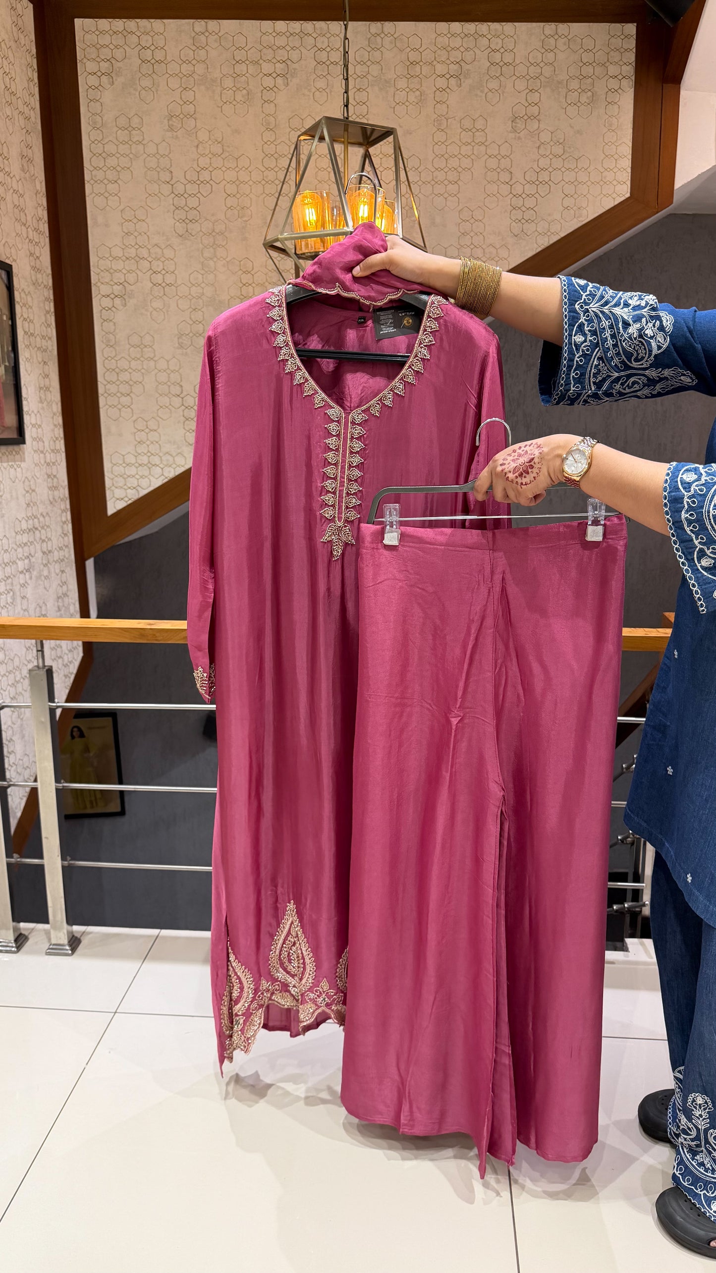 SHOWOFF WOMEN Premium Handworked Poly Crepe Anarkali Palazzo Set with Dupatta – Ivory | Mint Green | Rose Pink | Dusty Blue