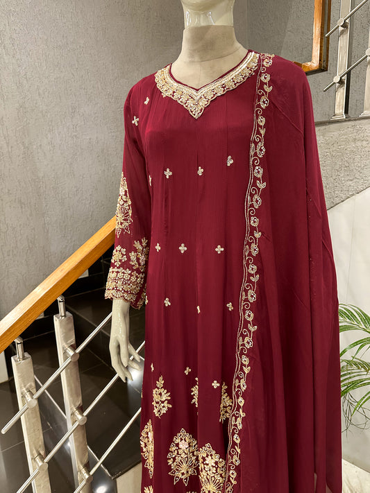 Maroon Chinon Embroidered Anarkali Set with Dupatta | Luxury Party Wear