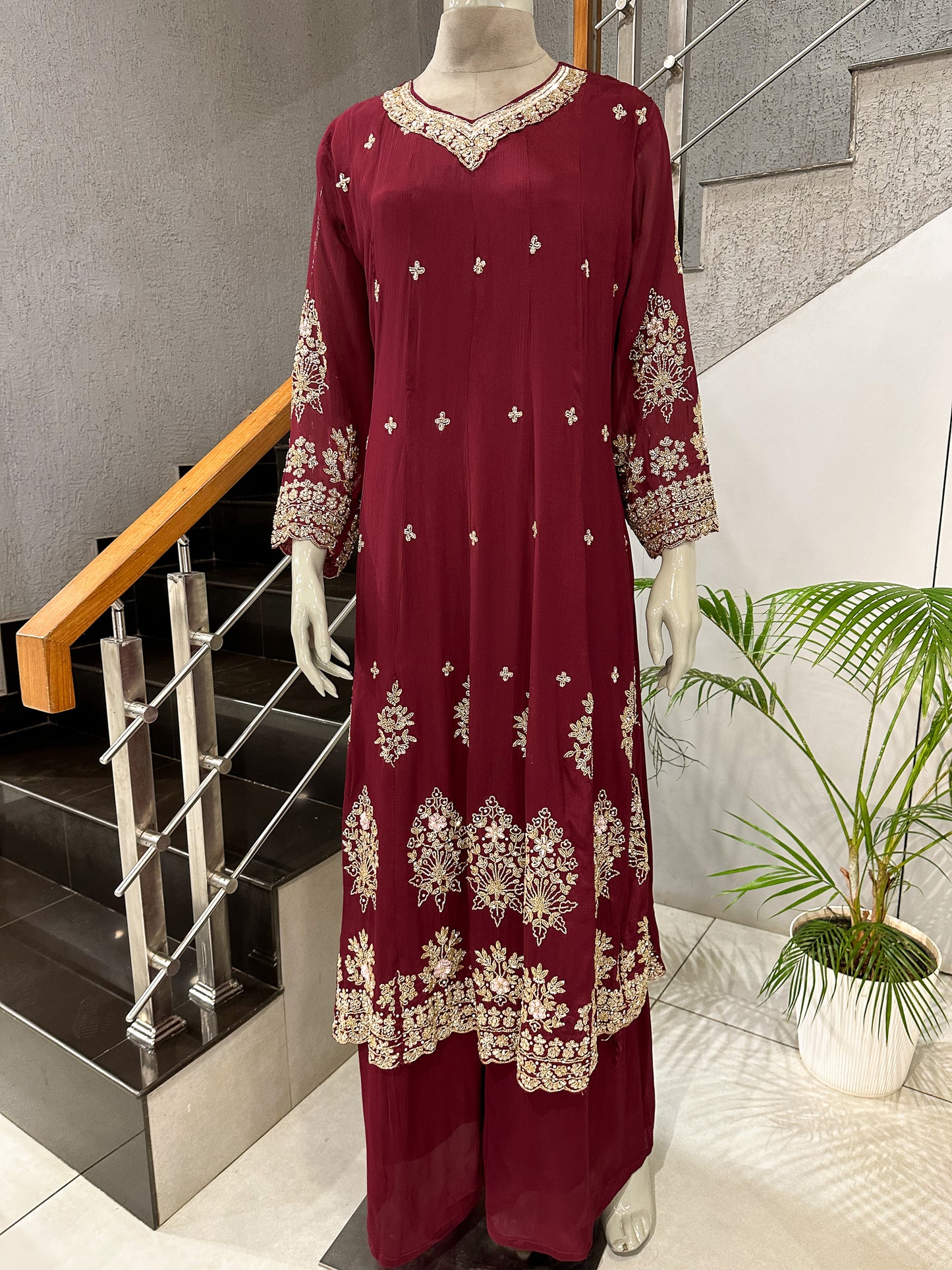 Maroon Chinon Embroidered Anarkali Set with Dupatta | Luxury Party Wear