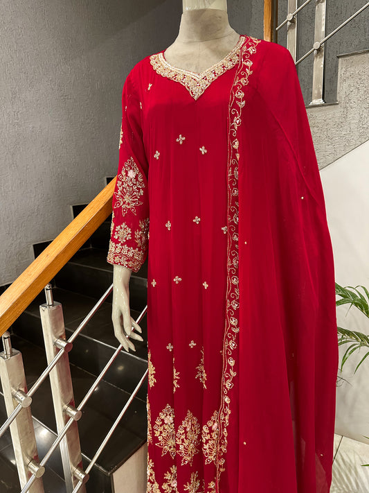 Red Chinon Embroidered Anarkali Set with Dupatta | Bridal & Party Wear