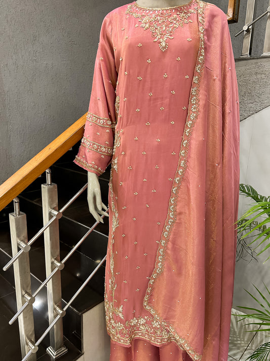 Dusty Rose Shimmer Embroidered Churidar Set with Plazo & Dupatta | Party Wear