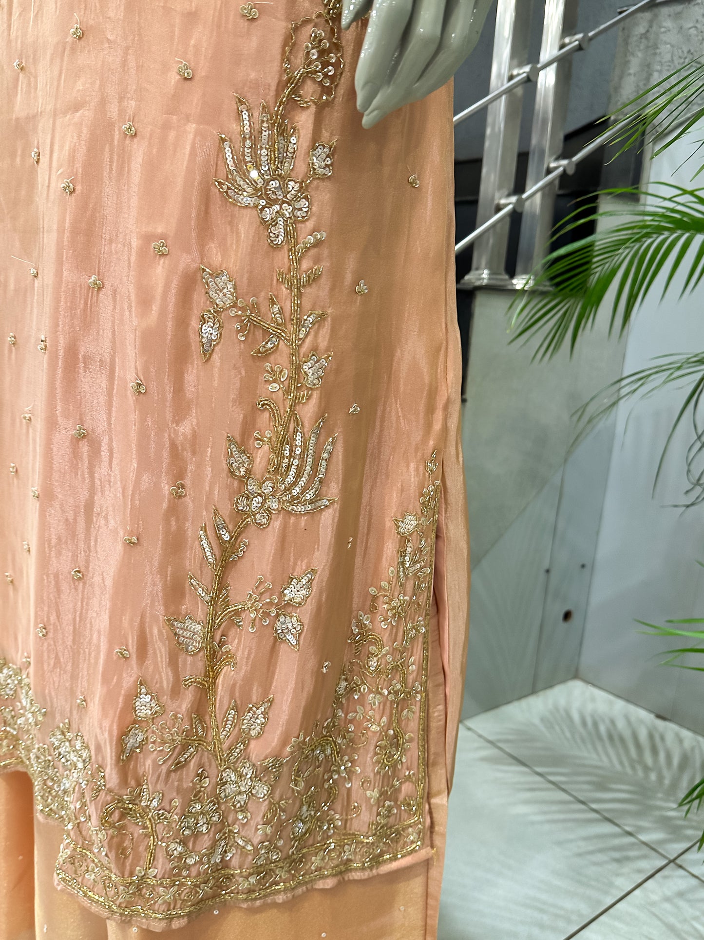 Peach Shimmer Embroidered Churidar Set with Plazo & Dupatta | Festive Party Wear