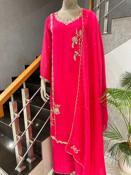 Hot Pink Organza Embroidered Churidar Set with Plazo & Scalloped Dupatta | Premium Festive Wear