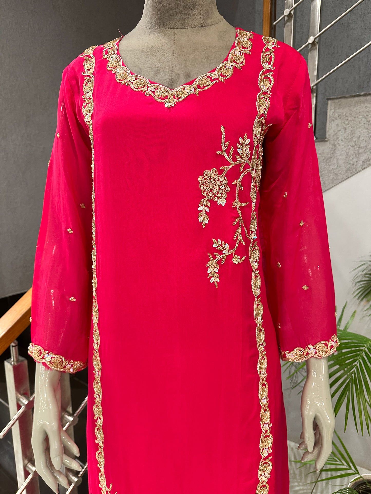 Hot Pink Organza Embroidered Churidar Set with Plazo & Scalloped Dupatta | Premium Festive Wear