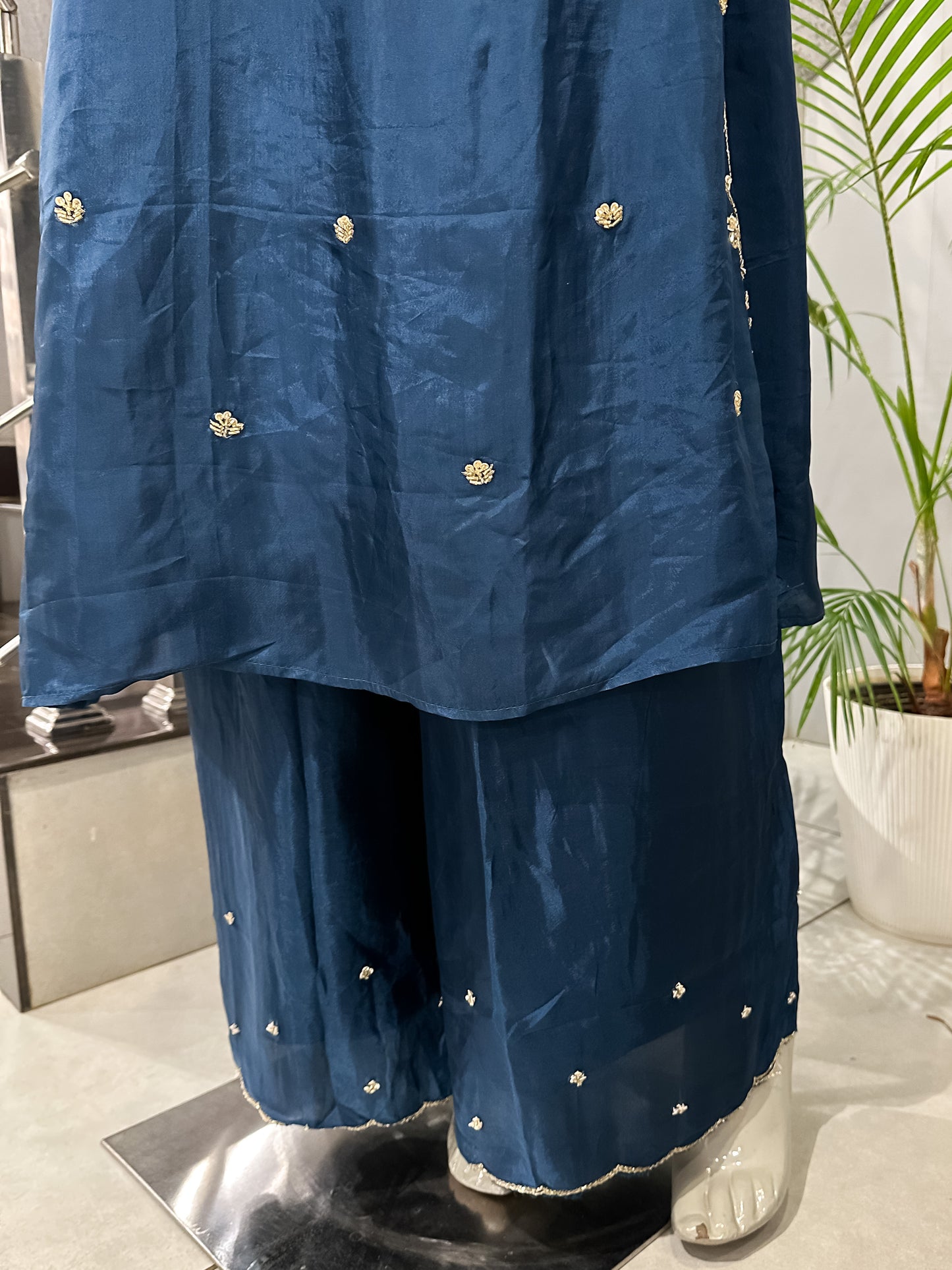 Deep Teal Antique Embroidered Churidar Set with Plazo & Organza Dupatta | Premium Party Wear