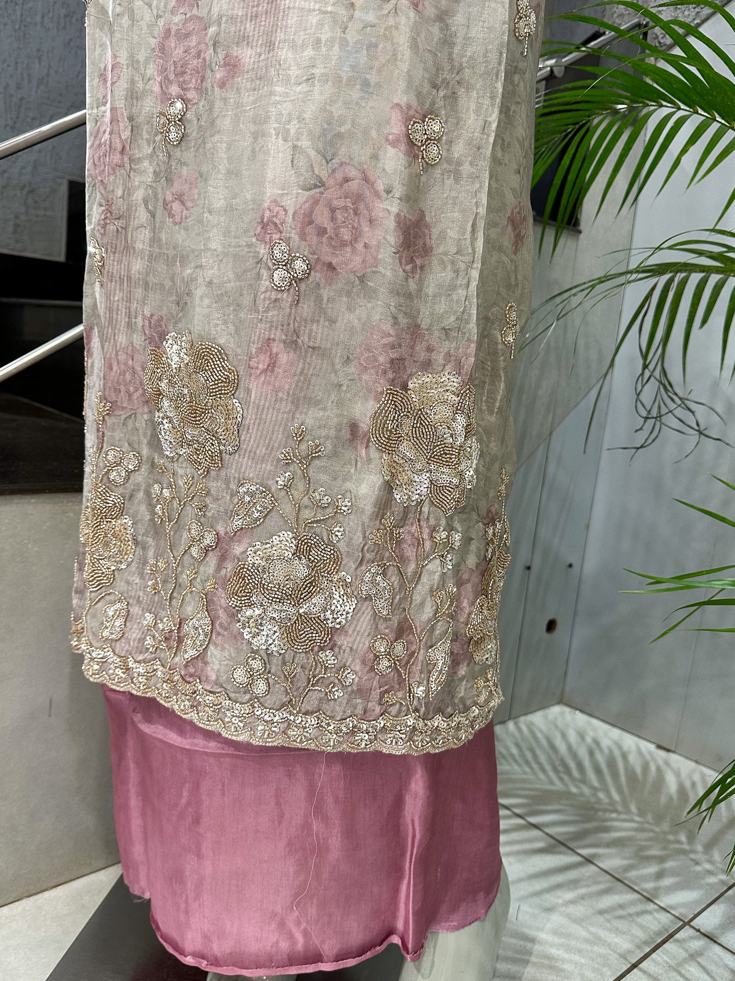 Pastel Floral Digital Print Organza Unstitched Churidar Set with Chiffon Dupatta & Russian Silk Bottom