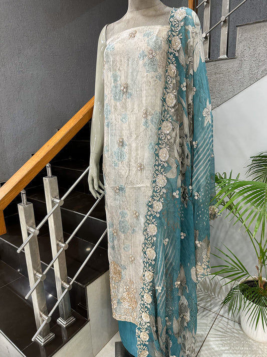 Teal Pastel Floral Digital Print Organza Unstitched Churidar Set with Chiffon Dupatta & Russian Silk Bottom