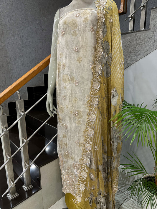 Mustard Gold Floral Digital Print Organza Unstitched Churidar Set with Chiffon Dupatta & Russian Silk Bottom