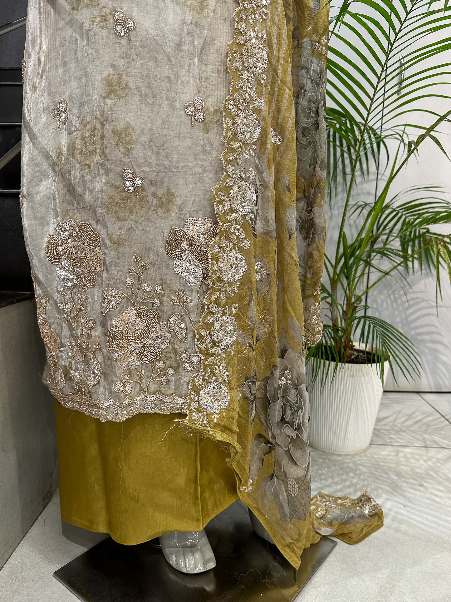 Mustard Gold Floral Digital Print Organza Unstitched Churidar Set with Chiffon Dupatta & Russian Silk Bottom