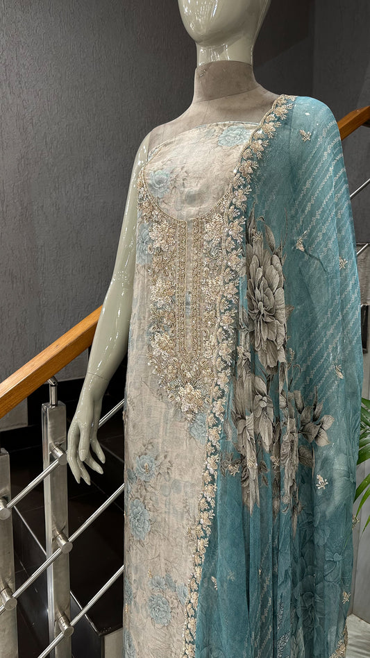 Teal Blue Floral Organza Unstitched Churidar Set with Heavy Embroidery, Chiffon Dupatta & Russian Silk Bottom