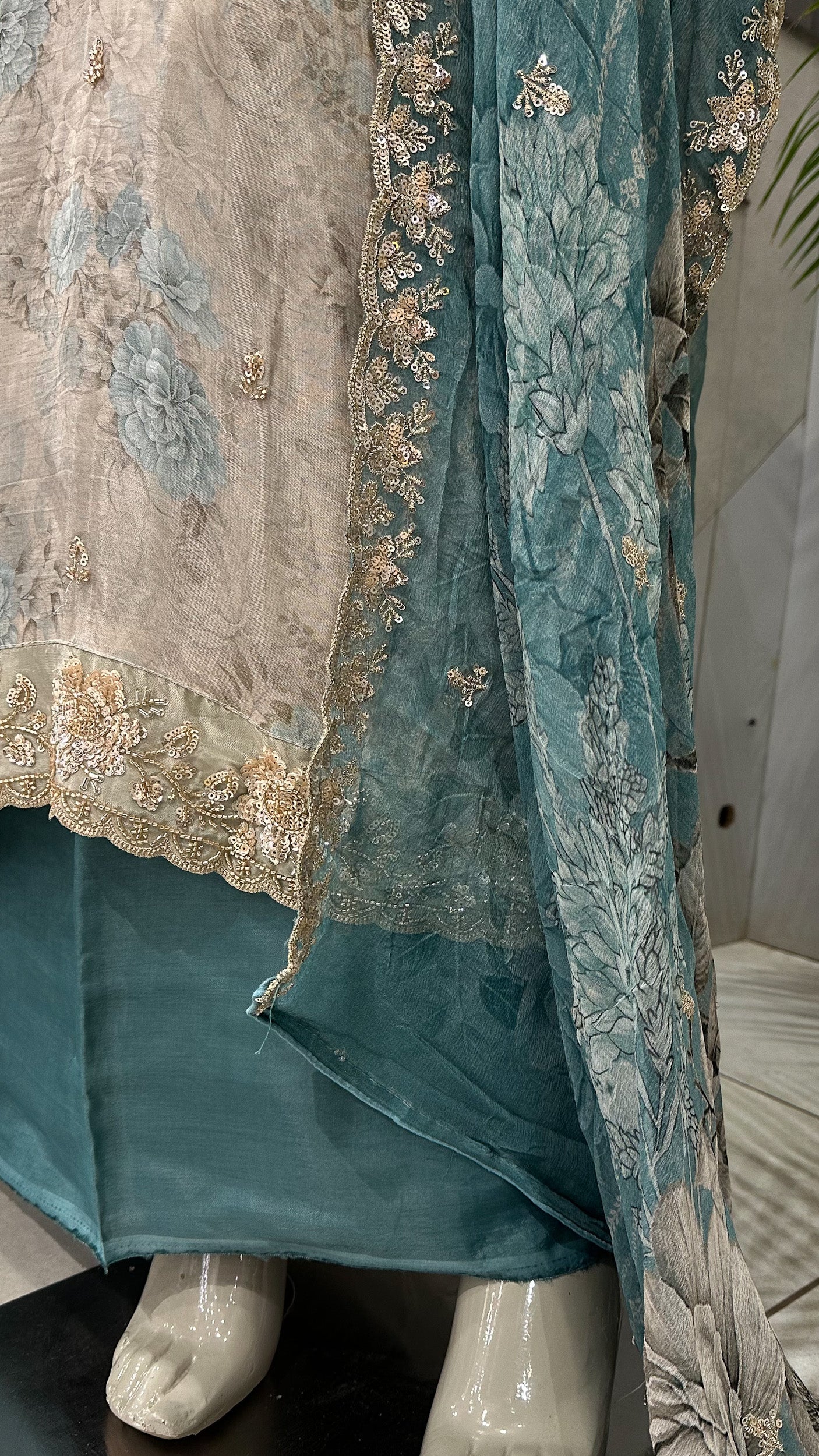 Teal Blue Floral Organza Unstitched Churidar Set with Heavy Embroidery, Chiffon Dupatta & Russian Silk Bottom