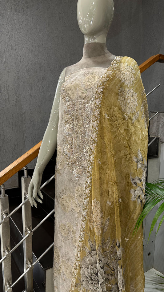 Mustard Gold Floral Organza Unstitched Churidar Set with Heavy Embroidery, Chiffon Dupatta & Russian Silk Bottom