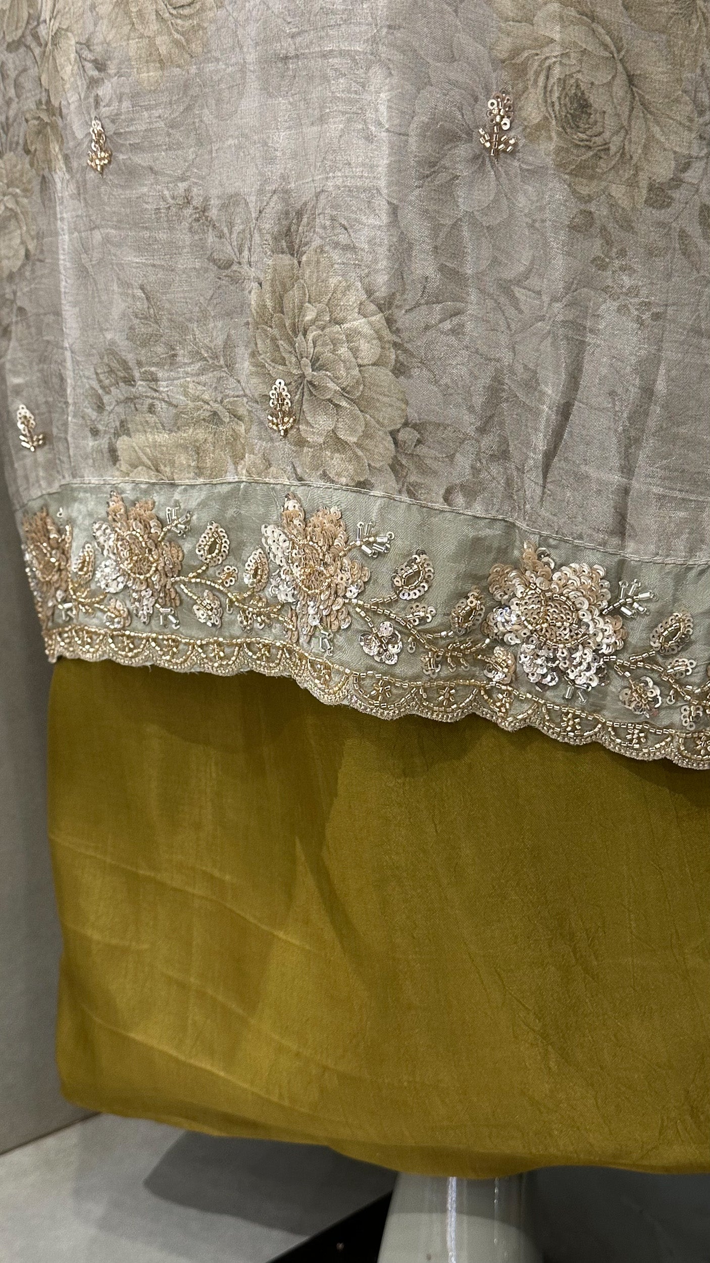 Mustard Gold Floral Organza Unstitched Churidar Set with Heavy Embroidery, Chiffon Dupatta & Russian Silk Bottom
