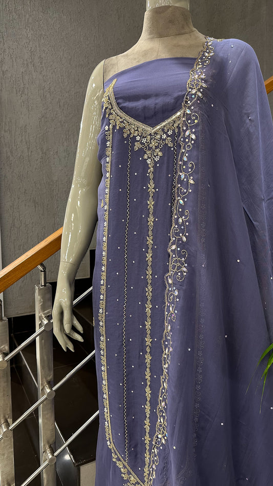 Lavender Organza Unstitched Churidar Set with Antique Cut Beads & Sequin Handwork Dupatta