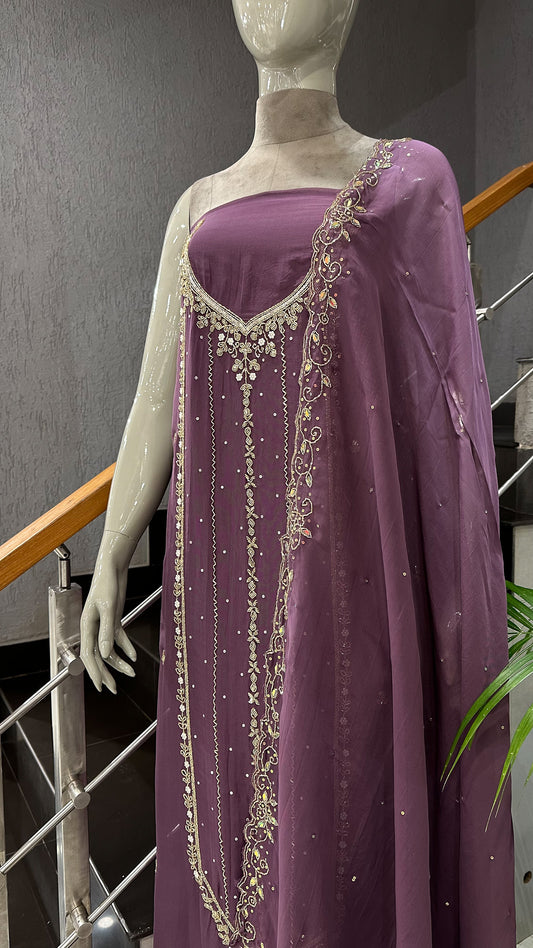 Wine Mauve Organza Unstitched Churidar Set with Antique Cut Beads & Sequin Handwork Dupatta