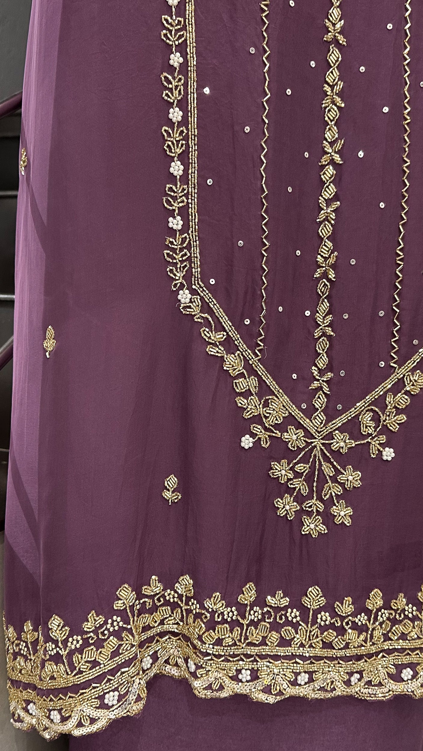 Wine Mauve Organza Unstitched Churidar Set with Antique Cut Beads & Sequin Handwork Dupatta