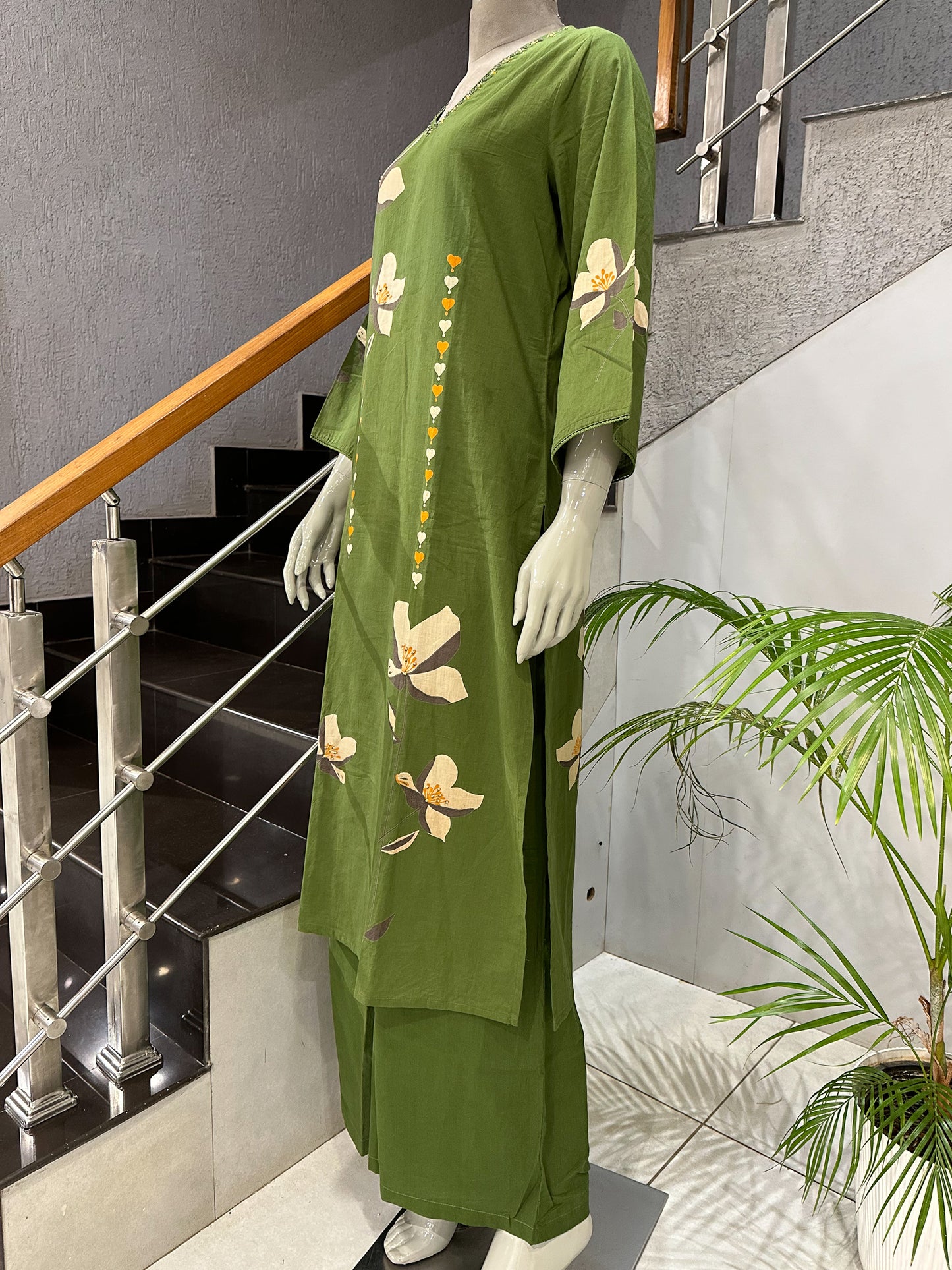 Olive Green Cotton Churidar Set with Floral Print & Elegant DupattaA