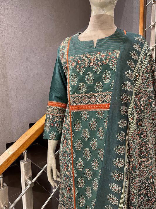 Dark Green Cotton Churidar Set with Ajrakh-Inspired Prints & Designer Dupatta