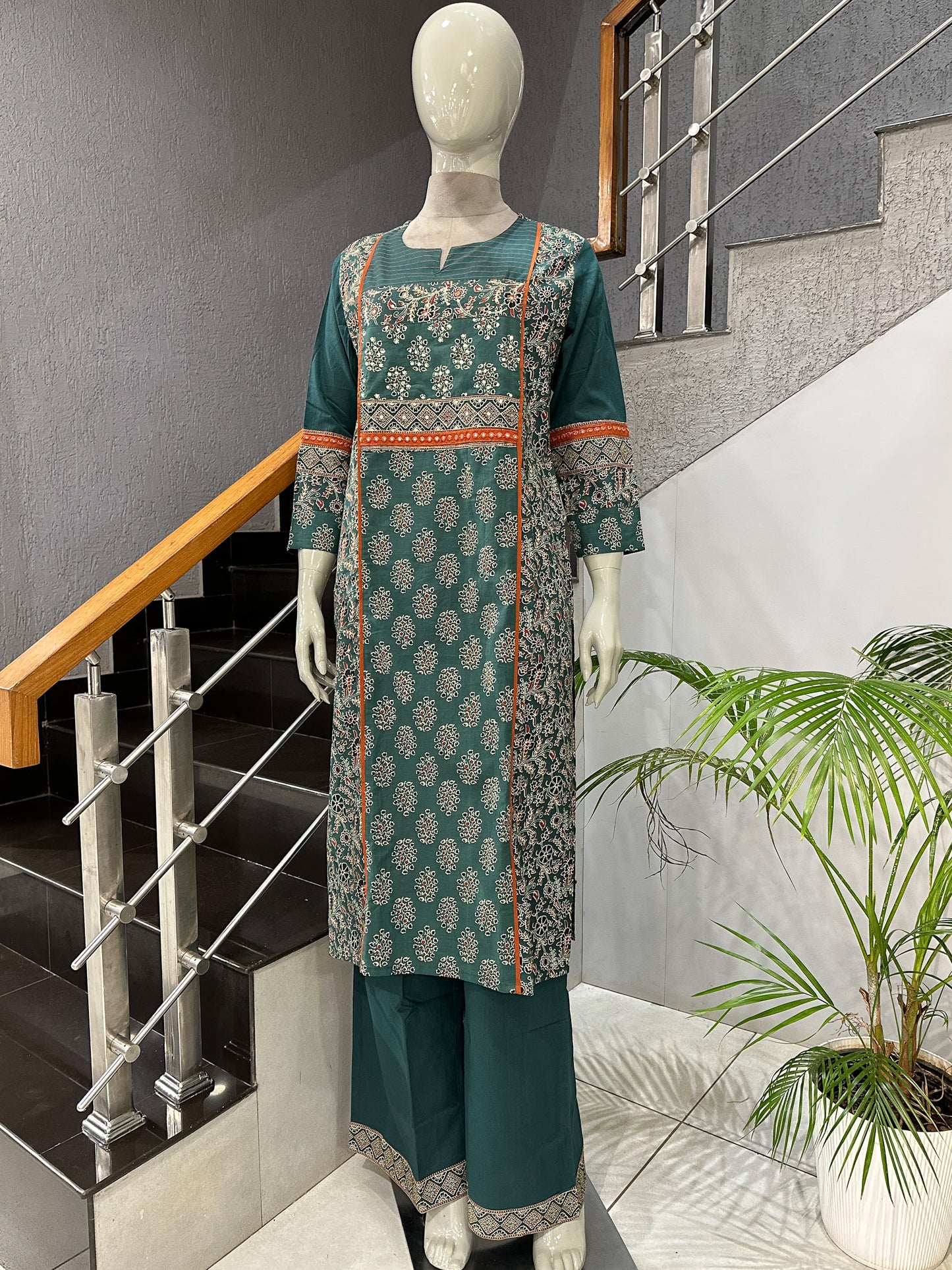 Dark Green Cotton Churidar Set with Ajrakh-Inspired Prints & Designer Dupatta