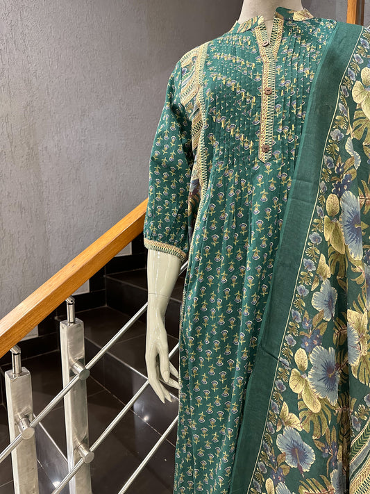 Elegant Green Cotton Churidar Set with Floral Dupatta & Pintuck Kurta Design