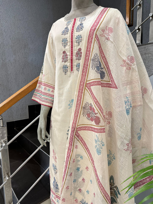 Elegant Off-White Cotton Churidar Set with Floral Prints & Designer Dupatta