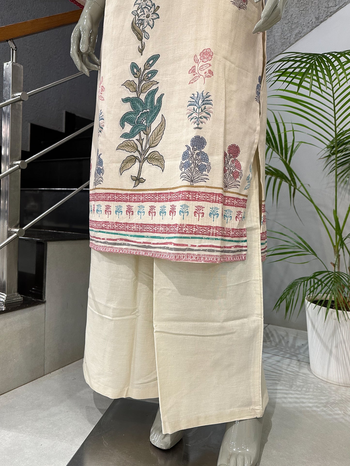 Elegant Off-White Cotton Churidar Set with Floral Prints & Designer Dupatta