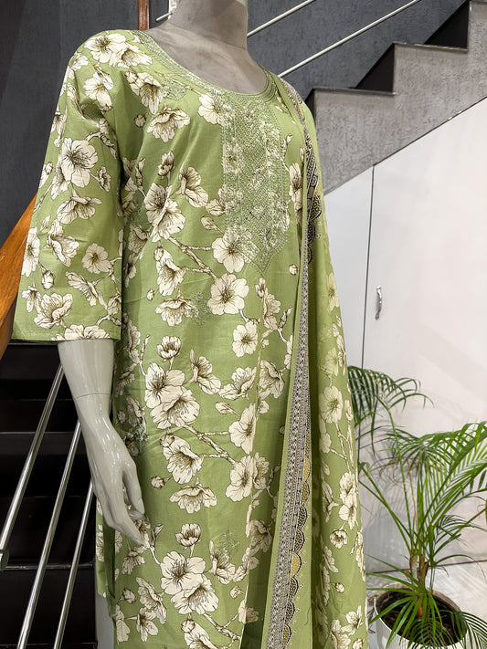 Fresh Green Floral Cotton Churidar Set with Embroidered Neck & Printed Dupatta