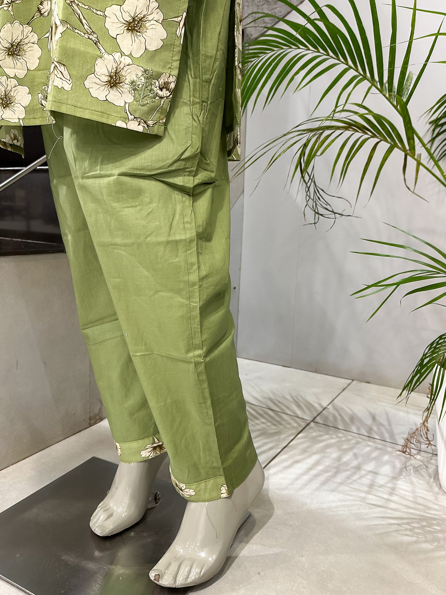 Fresh Green Floral Cotton Churidar Set with Embroidered Neck & Printed Dupatta