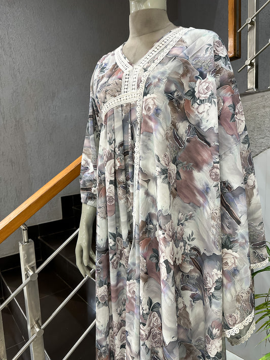 Pastel Floral Crepe Maxi Gown with Shawl | Elegant Printed Long Dress Set