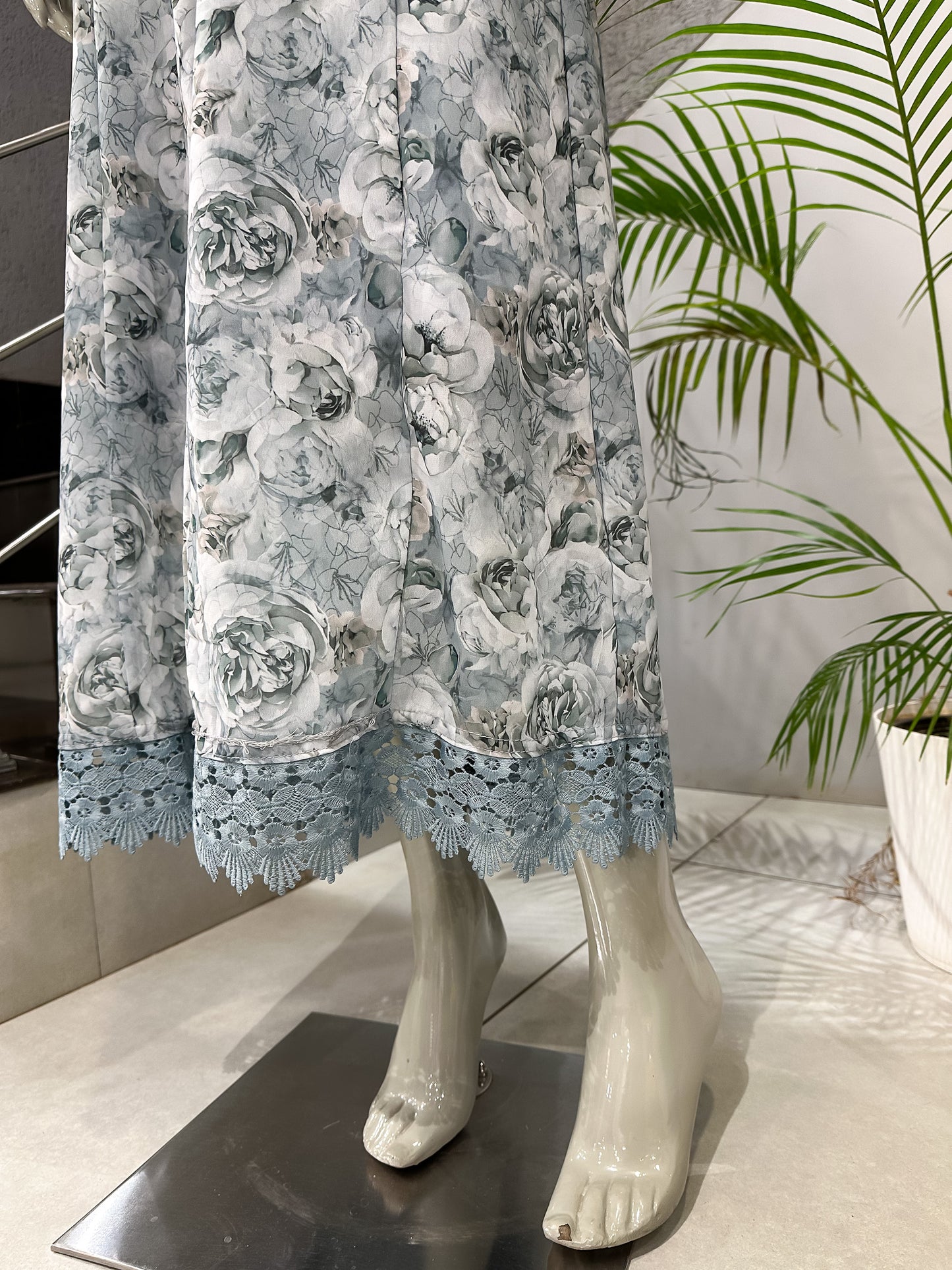 Dusty Blue Floral Chiffon Long Kurti with Embroidered Yoke & Designer Dupatta