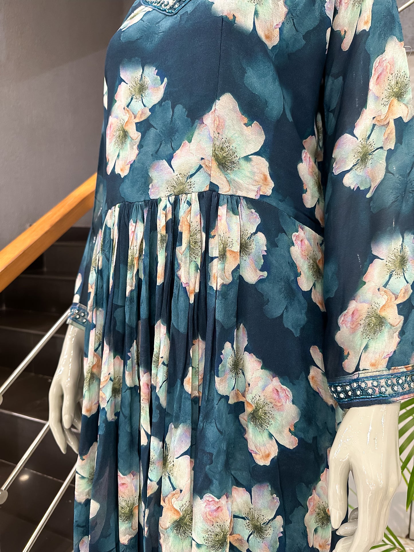 Teal Floral Chiffon Maxi Gown with Dupatta | Embellished Neck Long Dress Set